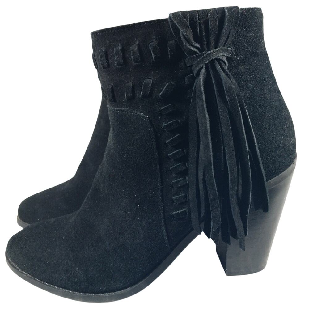 JESSICA SIMPSON! CHASSIE BLACK GENUINE LEATHER FRINGED CHUNKY ANKLE BOOTS! SZ 9M